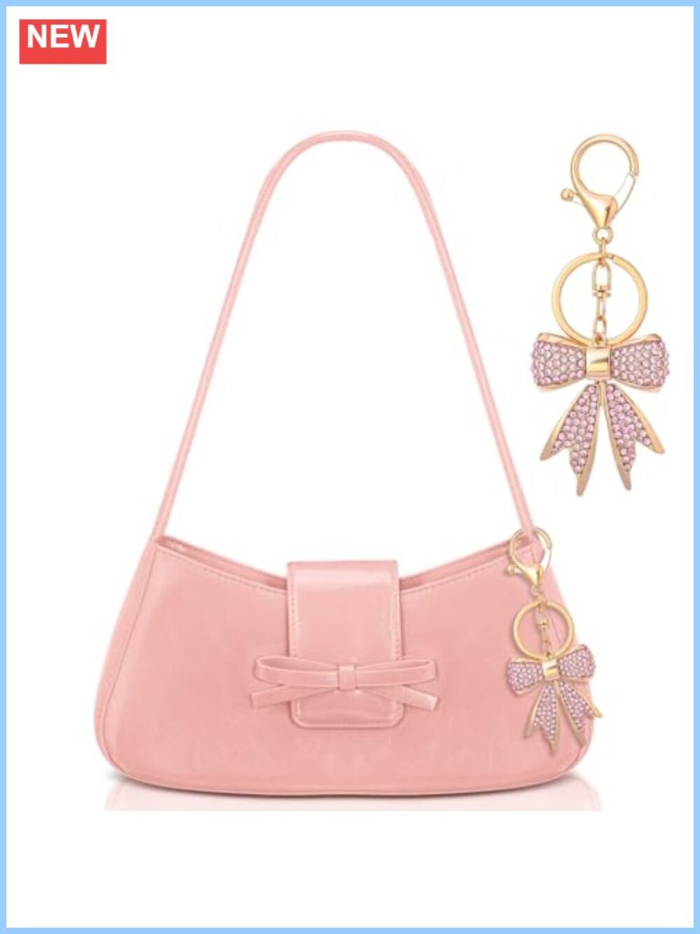 Rhinestone Bow Charm Shoulder Bag Genuine Leather Handbag Clutch